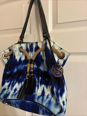 Michael Kors Blue and White Tie-Dye Drawstring Tote